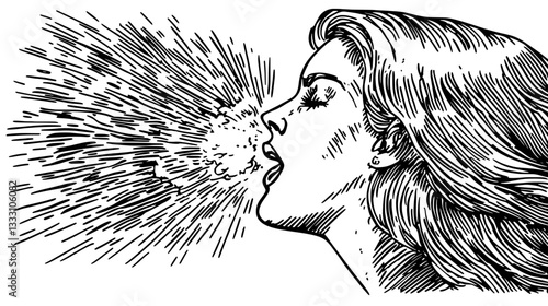 Engraved vintage illustration of a woman exhaling with energy and expression in a dynamic burst