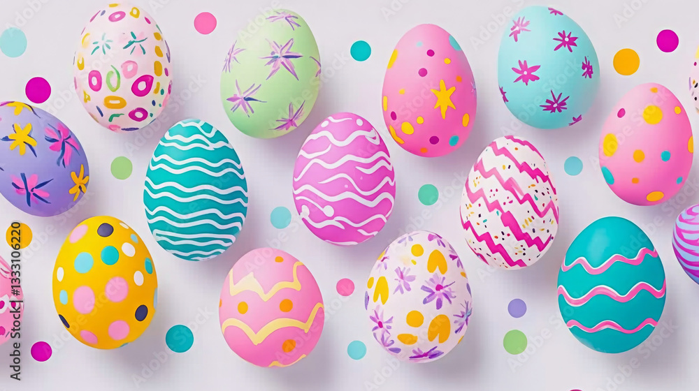 A row of painted eggs with different colors and patterns A row of painted eggs with different colors and patterns