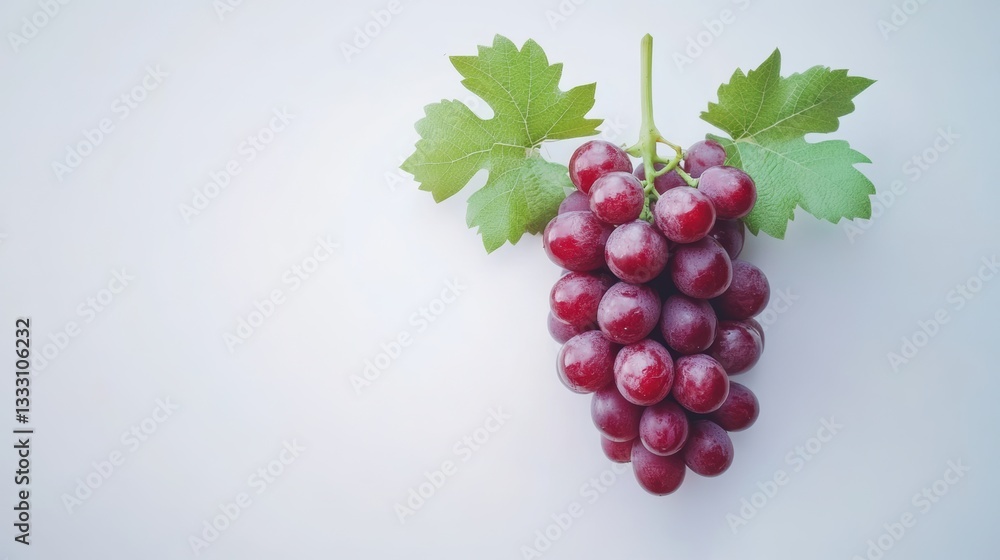 Fototapeta premium A cluster of grapes with green leaves rests on a white surface.