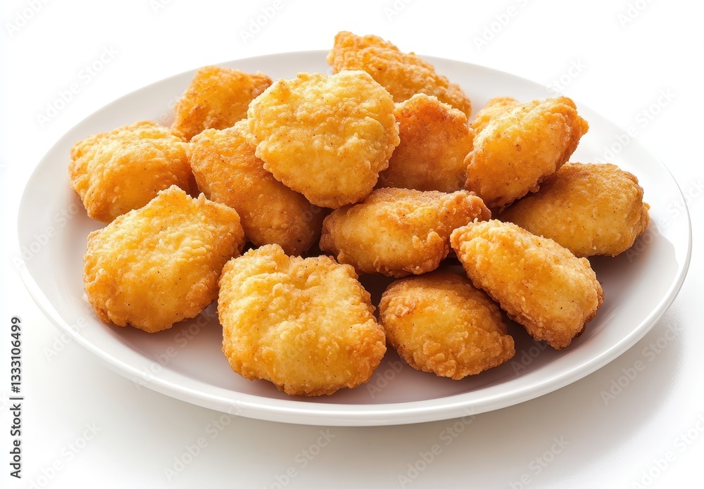Golden Crispy Chicken Nuggets Served on a White Plate with Deliciously Fried Texture and Tempting Presentation Ready for Appetizing Snack Enjoyment Golden Crispy Chicken Nuggets Served on a White Plate with Deliciously Fried Texture and Tempting Presentation Ready for Appetizing Snack Enjoyment