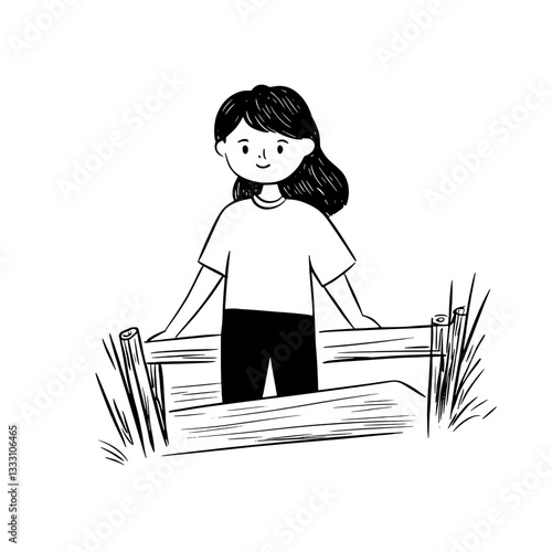 Engraved vintage illustration of a person standing by a wooden fence in a natural setting