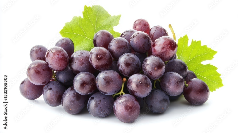 A close-up view of fresh grapes with green leaves on a white background. A close-up view of fresh grapes with green leaves on a white background.