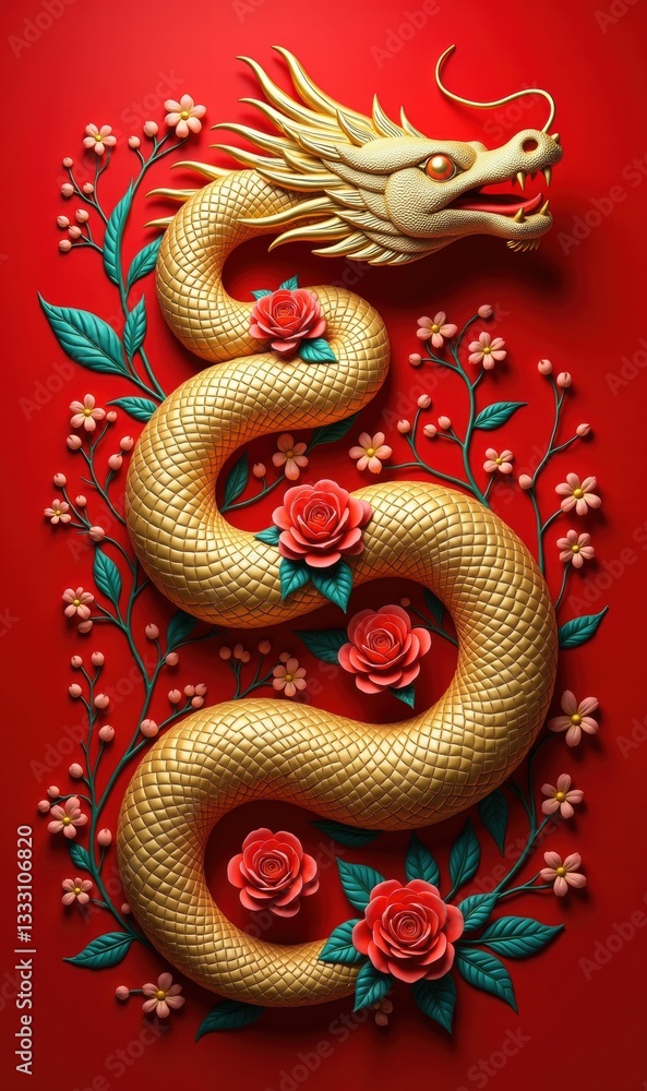 A stunning illustration of a golden dragon intertwined with vibrant roses, set against a rich red backdrop, symbolizing prosperity and strength in Asian culture. A stunning illustration of a golden dragon intertwined with vibrant roses, set against a rich red backdrop, symbolizing prosperity and strength in Asian culture.