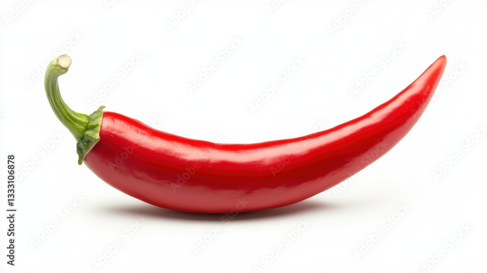 A vibrant red chili placed on a clean white surface. A vibrant red chili placed on a clean white surface.