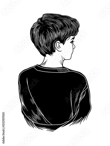 Engraved vintage illustration of a boy seen from behind with short hair and casual attire