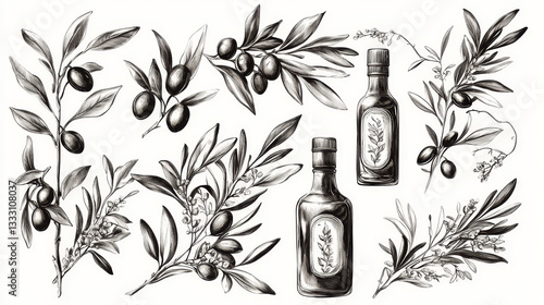 Engravied olive oil. Hand drawn olives tree, sketch oil bottle and olive branches with leaves  illustration set. Branch olive tree, plant oil vegetarian