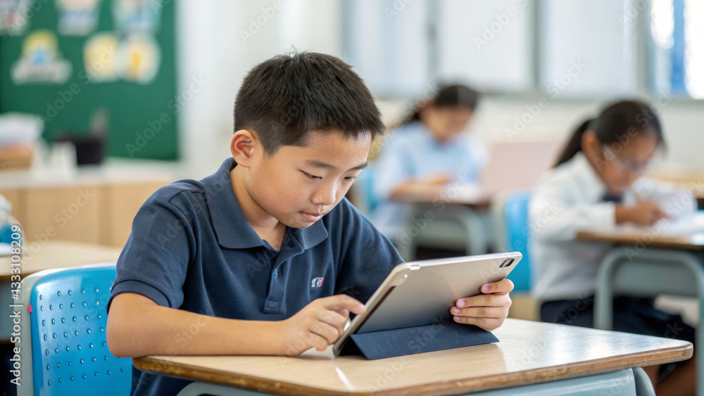 Focused school boy using digital tablet in classroom, engaged in learning Focused school boy using digital tablet in classroom, engaged in learning