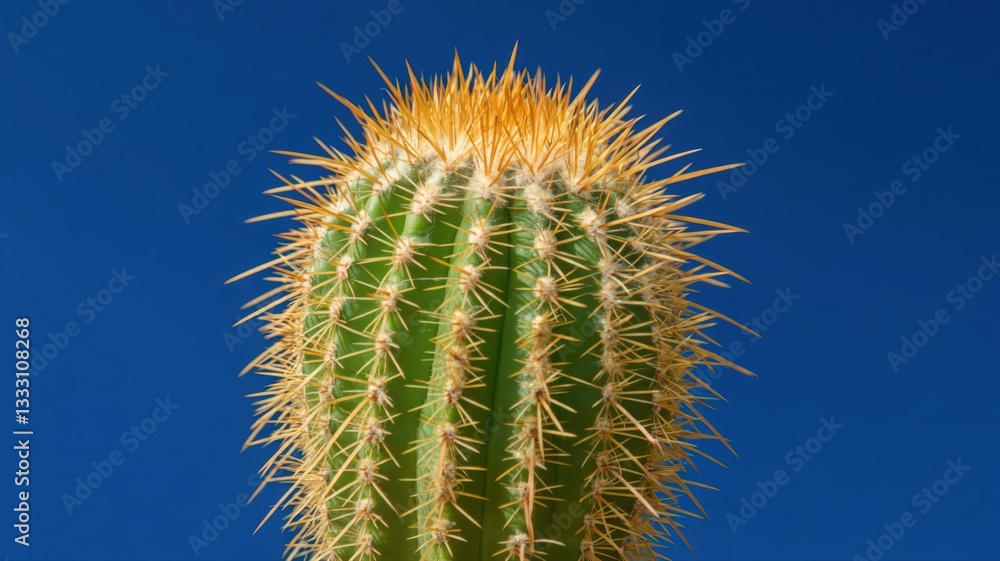 Close Up of Green Cactus with Golden Spines Against a Vivid Blue Sky Close Up of Green Cactus with Golden Spines Against a Vivid Blue Sky