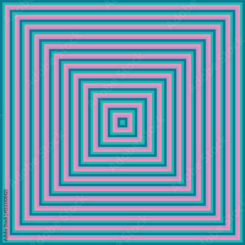 Visual effect created by neon pink, lilac and jade green squares getting progressively smaller