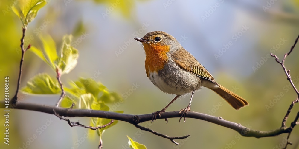 Fototapeta premium A small bird perches on a tree branch, surrounded by nature.
