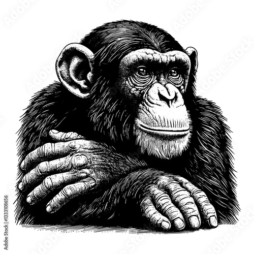 Chimpanzee sketch engraving black and white outline. Scratch board imitation.