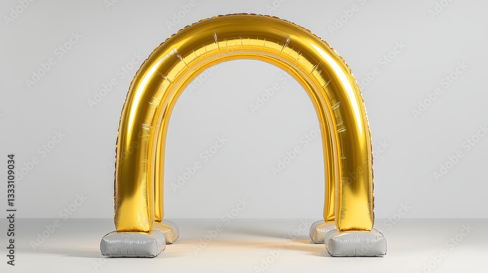 Inflatable golden arch featuring light stripes, positioned on gray bases, forming a welcoming passage against a clean white background, perfect for events and celebrations Inflatable golden arch featuring light stripes, positioned on gray bases, forming a welcoming passage against a clean white background, perfect for events and celebrations