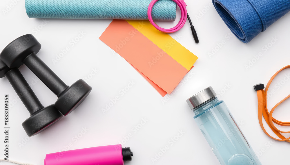Fototapeta premium Fitness equipment and accessories arranged on white background