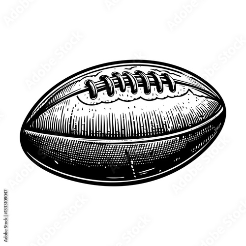 Rugby ball engraving black and white outline. Scratch board imitation. illustrated in vintage line art style on a white background.