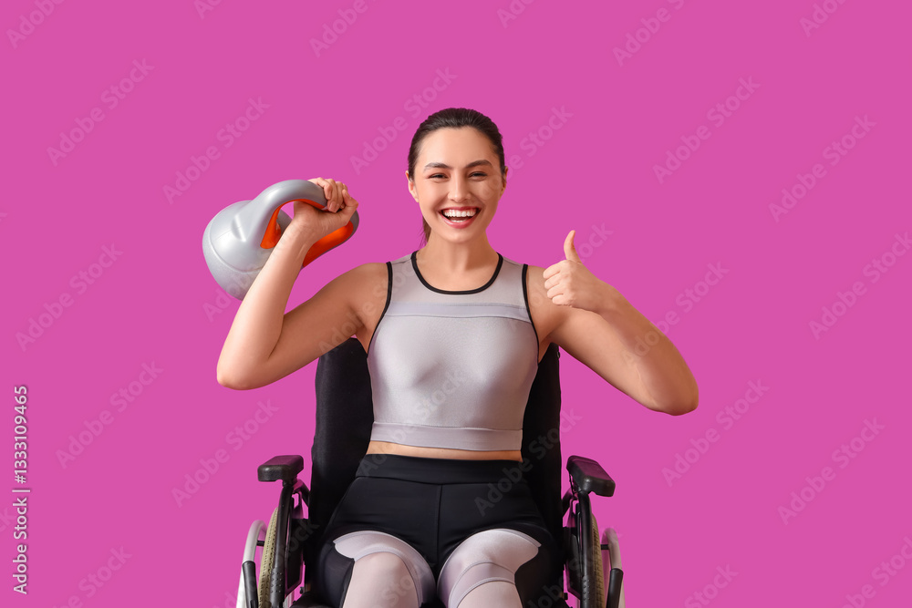Obraz premium Sporty young woman in wheelchair with kettlebell showing thumb-up on purple background