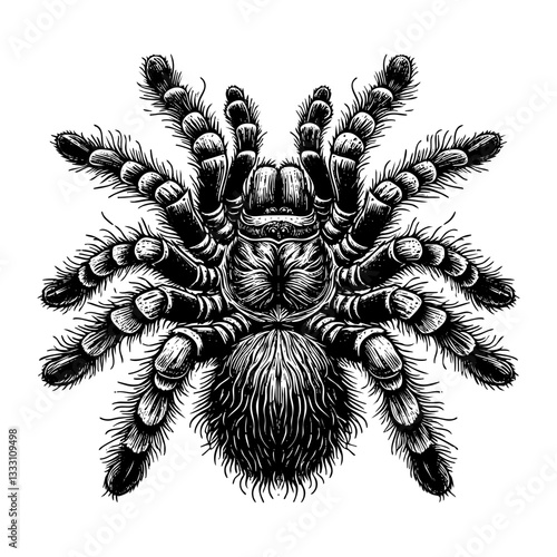 Tarantula spider engraving black and white outline. Scratch board imitation.  illustrated in vintage line art style on a white background.