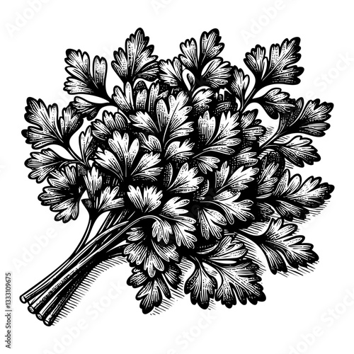 Celery engraving black and white outline. Scratch board imitation.  illustrated in vintage line art style on a white background.