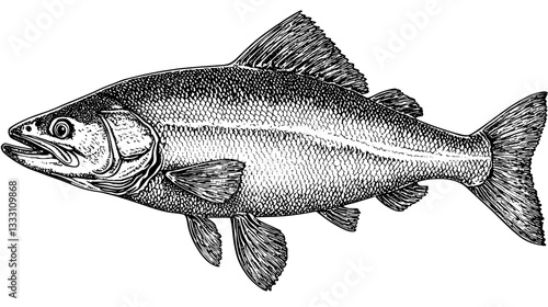 Detailed engraving of a vintage fish illustration showcasing intricate design and craftsmanship suitable for art enthusiasts and collectors