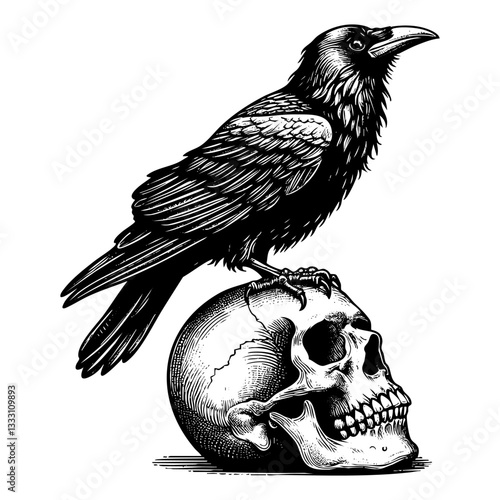 crow on skull sketch engraving black and white outline. Scratch board imitation.