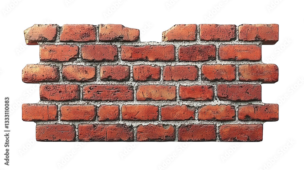 Obraz premium Red brick wall section, some missing bricks at top, isolated on black backdrop