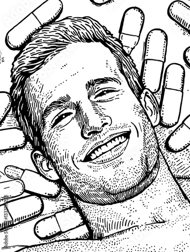 Engraved illustration of a smiling man surrounded by vintage pill capsules in a creative layout