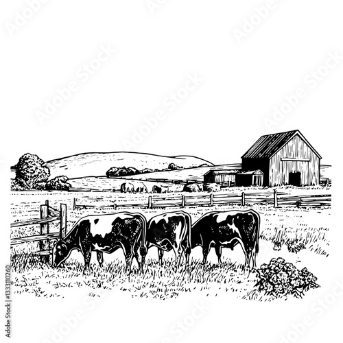 Engraved vintage illustration of cows grazing near a barn in a rural landscape at daytime