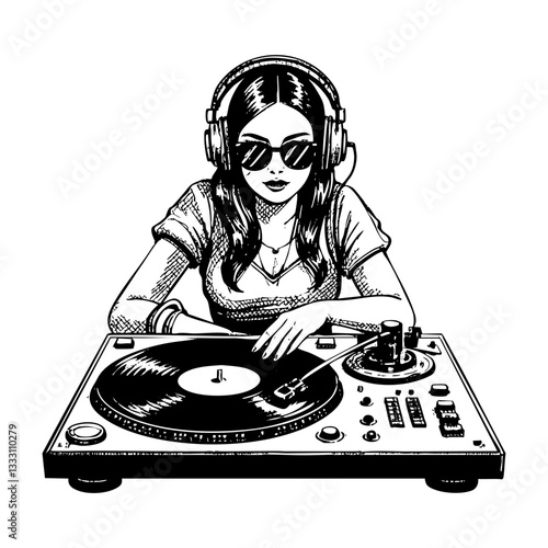 Woman dj sketch engraving black and white outline. Scratch board imitation.  illustrated in vintage line art style on a white background.