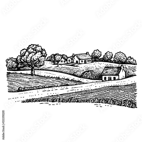 Vintage engraved illustration of a tranquil rural landscape with houses and fields