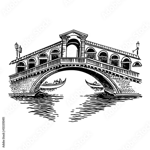 Engraved vintage illustration of a beautiful bridge over calm waters with boats nearby