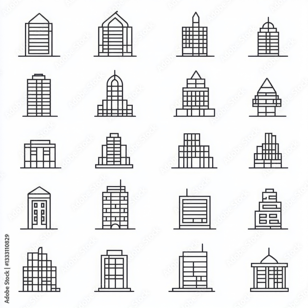 Obraz premium Set of sixteen line art building icons