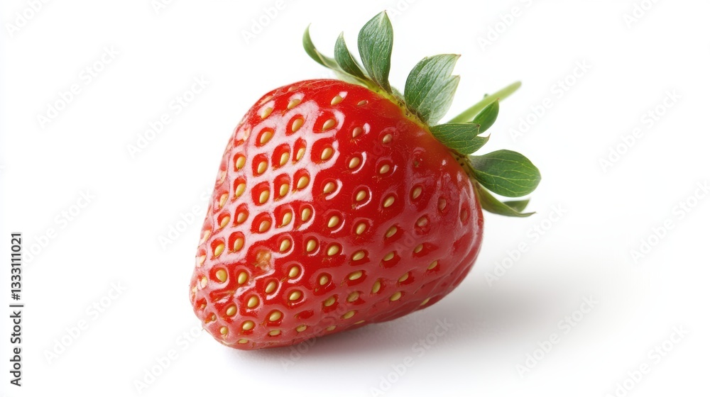 Fresh strawberry with green leaves on a white background, perfect for food-related designs. Fresh strawberry with green leaves on a white background, perfect for food-related designs.