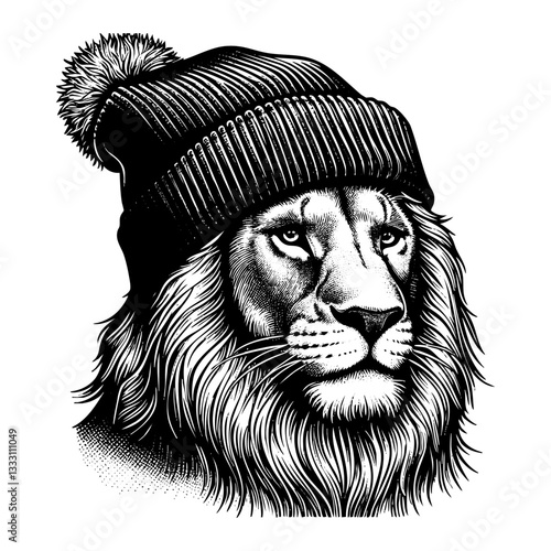 Lion wear beanie hat portrait sketch engraving black and white outline. Scratch board imitation.