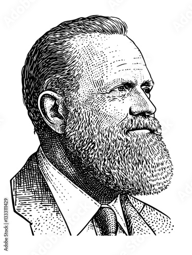 Engraved vintage illustration of a bearded man in profile with a formal suit