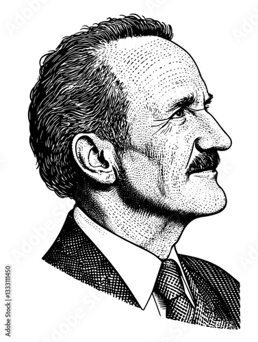 Engraved vintage illustration of a distinguished man in profile view, showcasing fine details and craftsmanship