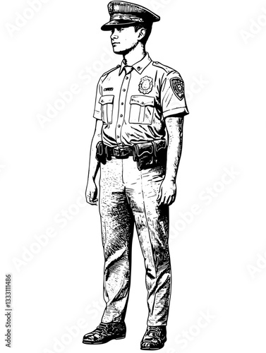 Engraved vintage illustration of a police officer in uniform standing attentively
