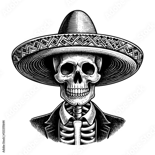 skull wear sombrero hat engraving black and white outline. Scratch board imitation.