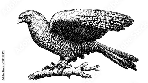 Engraved vintage illustration of a majestic bird perched on a branch with detailed feathers and a proud stance