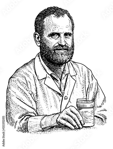 Engraved vintage illustration of a man holding a jar in a laboratory setting during the early 20th century