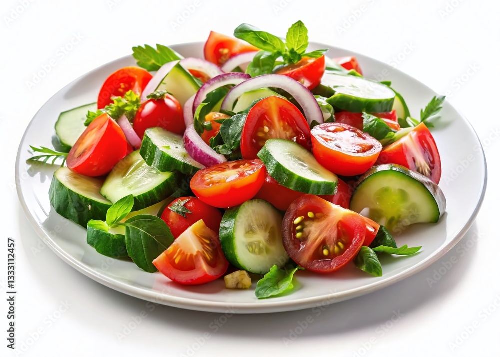 Vibrant Mediterranean Salad: Fresh Tomatoes & Cucumbers on White Plate Vibrant Mediterranean Salad: Fresh Tomatoes & Cucumbers on White Plate