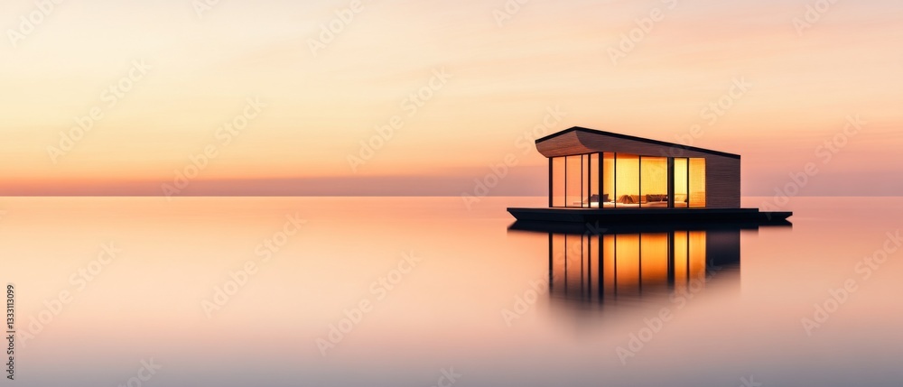 Serene sunset retreat floating house tranquil lake modern architecture reflective view escape concept Serene sunset retreat floating house tranquil lake modern architecture reflective view escape concept