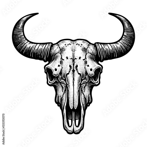 bull skull sketch engraving black and white outline. Scratch board imitation.
