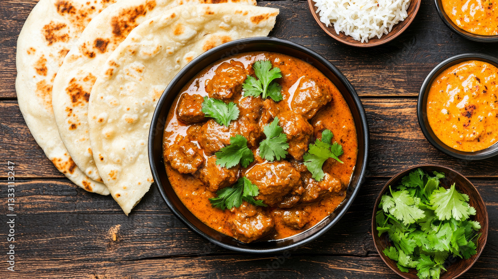 Delicious curry beef brisket served with naan, rice, and sauces, garnished with fresh herbs Delicious curry beef brisket served with naan, rice, and sauces, garnished with fresh herbs