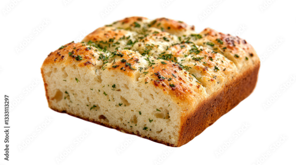 Square bread piece, topped with greens, sits against a solid, dark background Square bread piece, topped with greens, sits against a solid, dark background