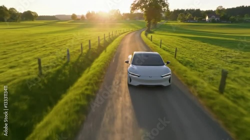 Aerial Shot of an Electric Car Driving Through a Scenic Countryside Road
