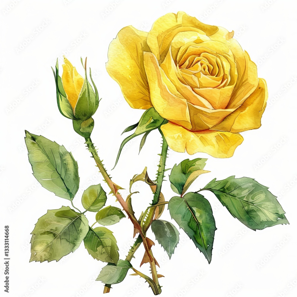 Obraz premium Watercolor Yellow Rose Isolated on White Background. Beautiful Rose Flower