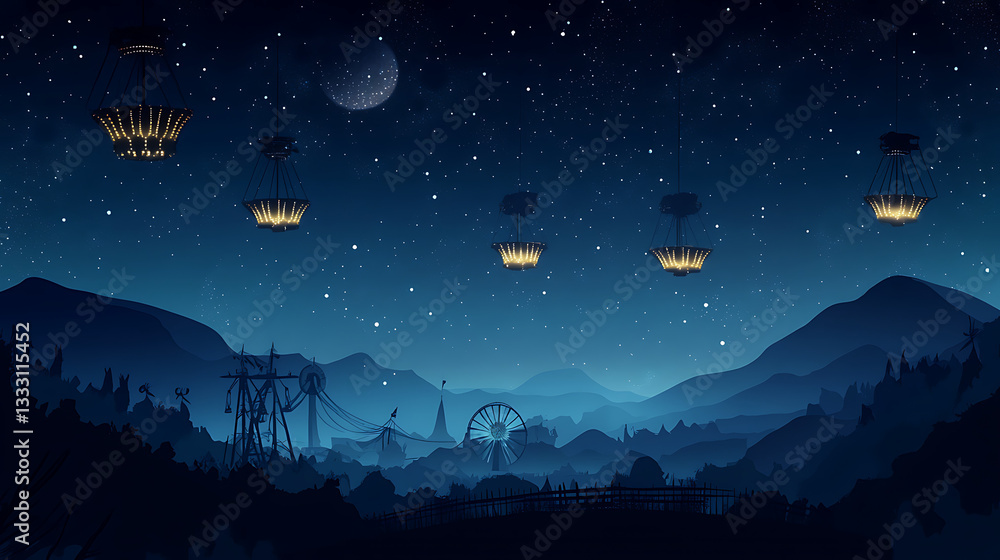 Fototapeta premium Serene night landscape with floating lanterns illuminating mountains and a distant ferris wheel
