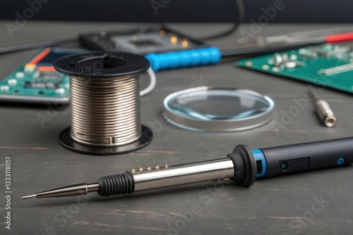 Wallpaper Mural Soldering Iron and Spool of Solder on a Workbench for Electronics Repair Tasks Generative AI Torontodigital.ca