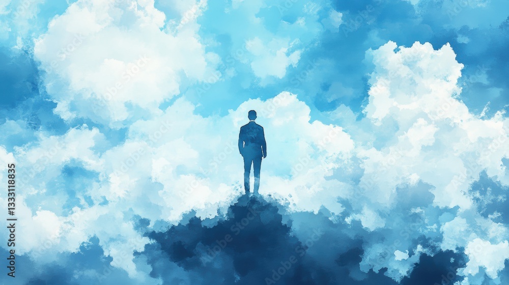 Person Standing on Clouds Against a Blue Sky Background Person Standing on Clouds Against a Blue Sky Background