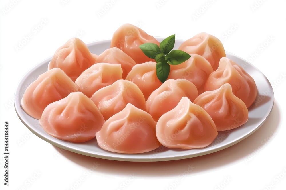 Freshly Steamed Dumplings on a White Plate with Green Leaf Garnish for Culinary Visuals Freshly Steamed Dumplings on a White Plate with Green Leaf Garnish for Culinary Visuals