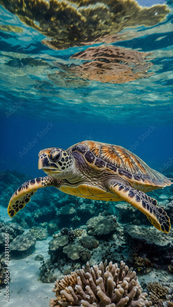 Fototapeta premium Hawksbill sea turtle swimming in a Caribbean coral reef